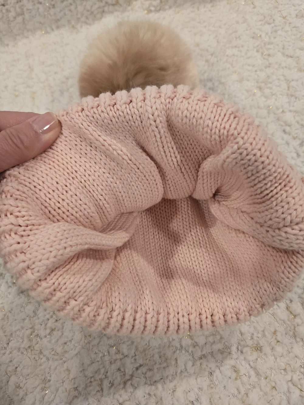 Love Your Melon Blush Pink Cable Knit Beanie with Faux Fur Pom